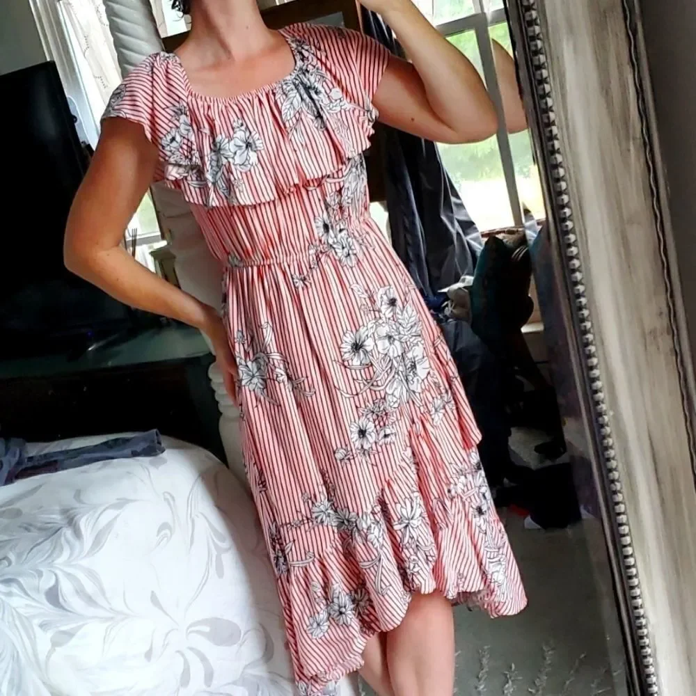 Before You Ruffled Striped Floral High Low Dress - Picture 1 of 8